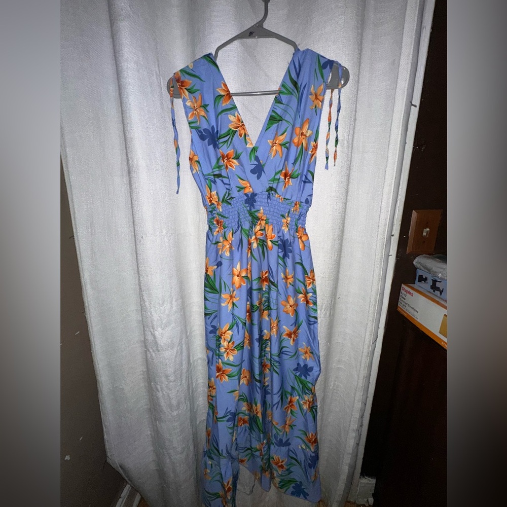 Floral Blue V-Neck Maxi Dress with Tie Straps
